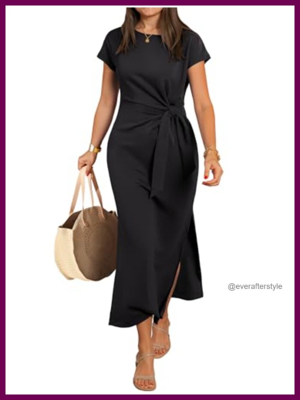 Wrinkle-Free Maxi Dress Slim Fit Short Sleeve Tie Waist Slit